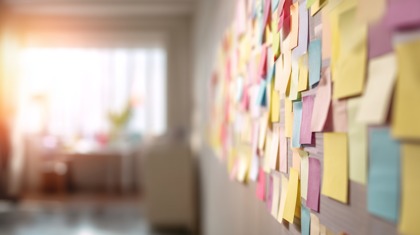 Pared creativa con notas adhesivas y elementos de diseño